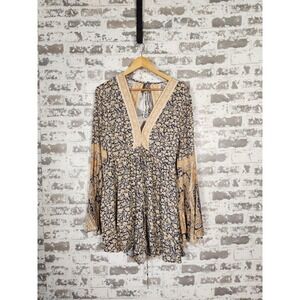 Free People Once Upon a Summertime Romper Medium Blue Beige Flowy Sleeves Cutout